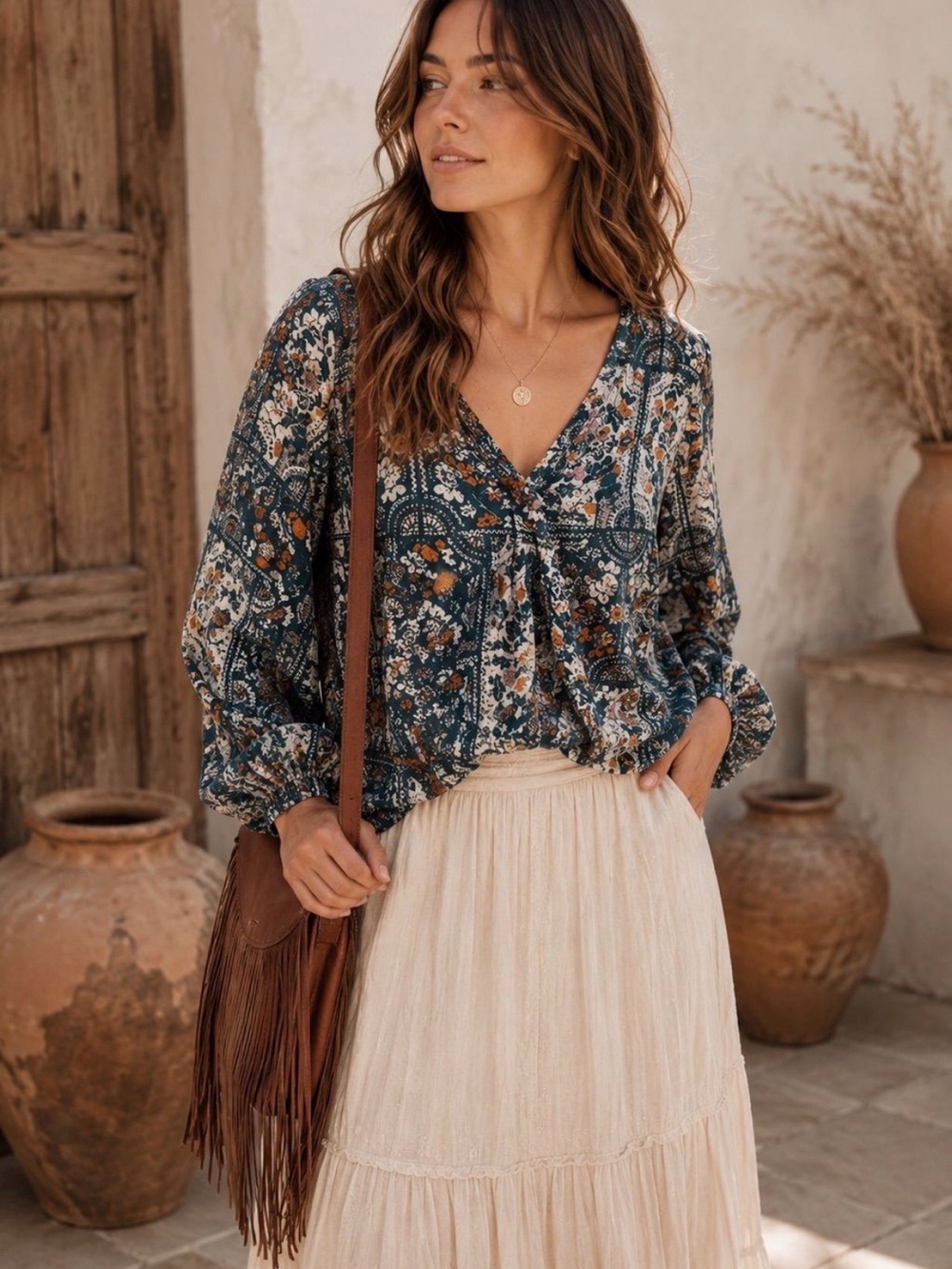 Anthropologie Floral Paisley Open-Front Blouse in Teal, Orange, Cream